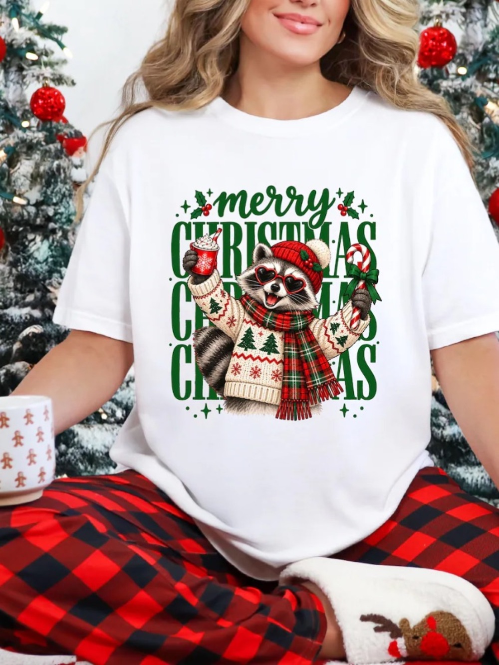 Merry Christmas Raccoon Hot Cocoa Candy Cane Scarf Heart Sunglasses T-Shirt